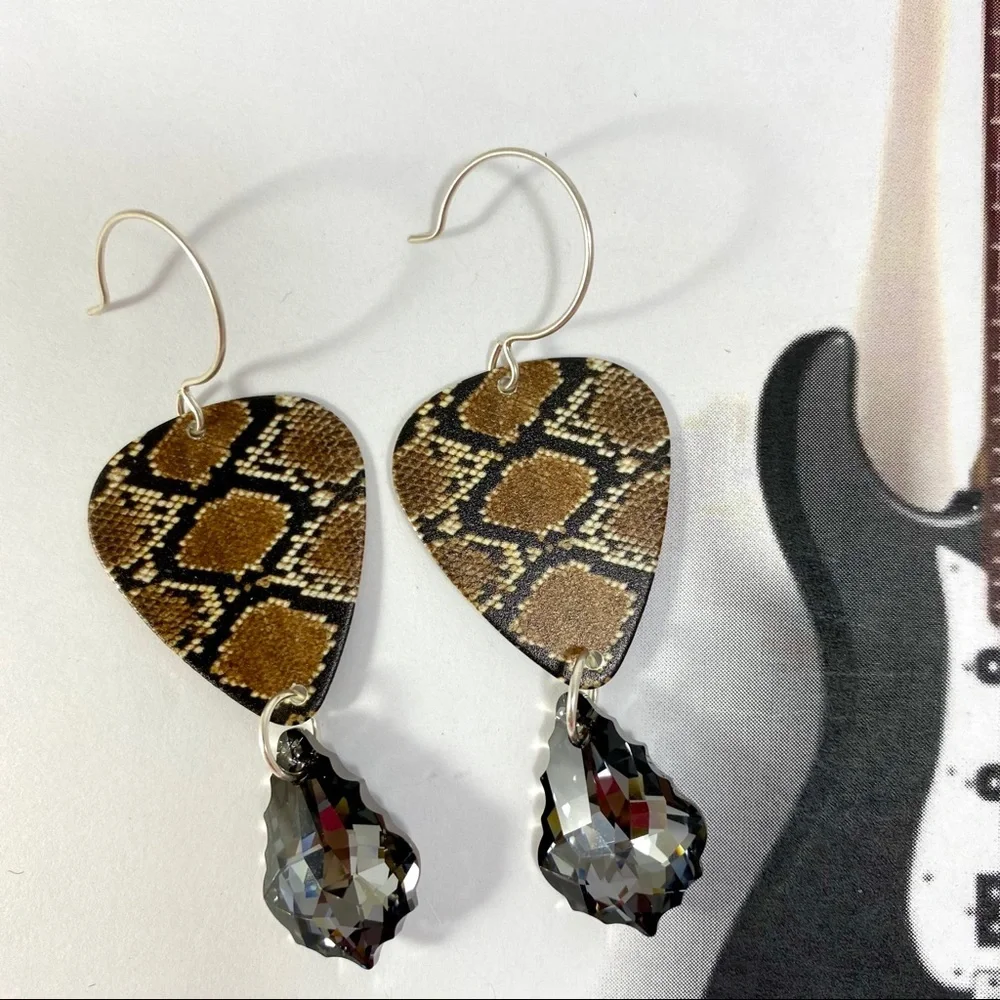 Snakeskin print Guitar Pick Earrings Smoke crystal